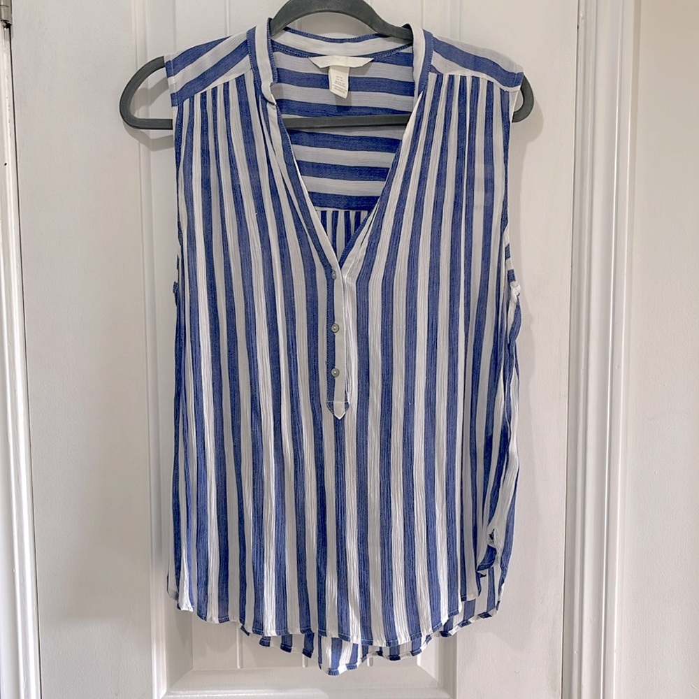 H&M Blue & White Sleeveless Vertical Stripe Henley Tank Top in size 10